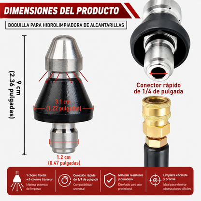 Boquilla Desatascadora para Tuberías Limpieza de Desagües con 7 Chorros  Conector Rápido 1/4" | Acero Inoxidable