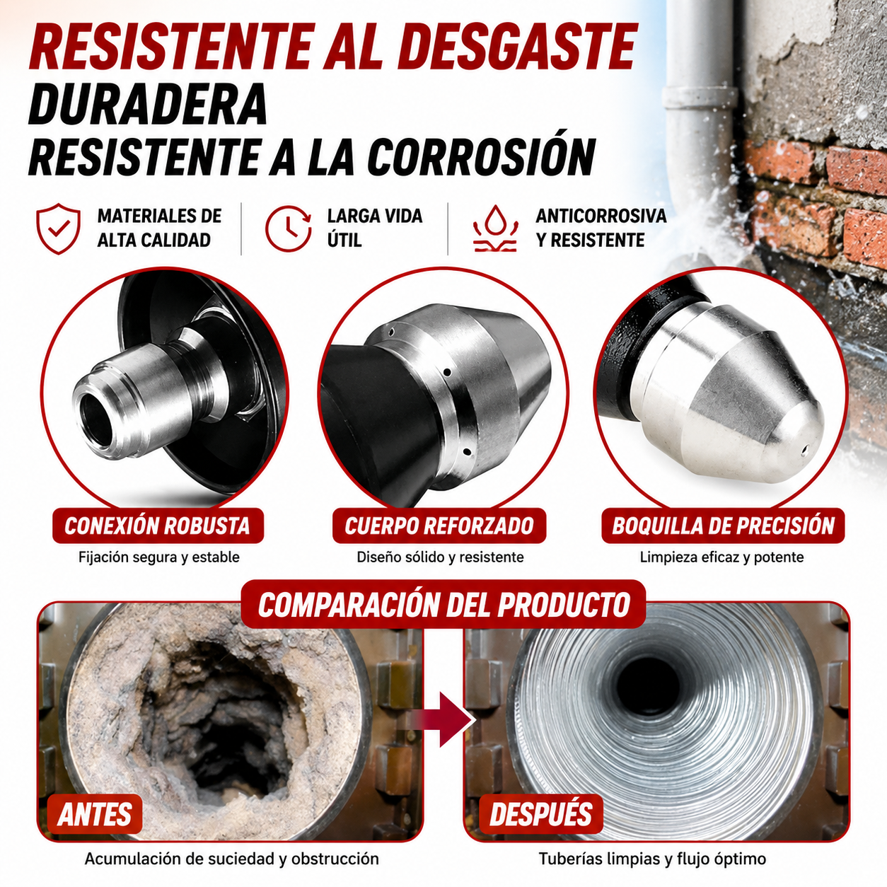 Boquilla Desatascadora para Tuberías Limpieza de Desagües con 7 Chorros  Conector Rápido 1/4" | Acero Inoxidable