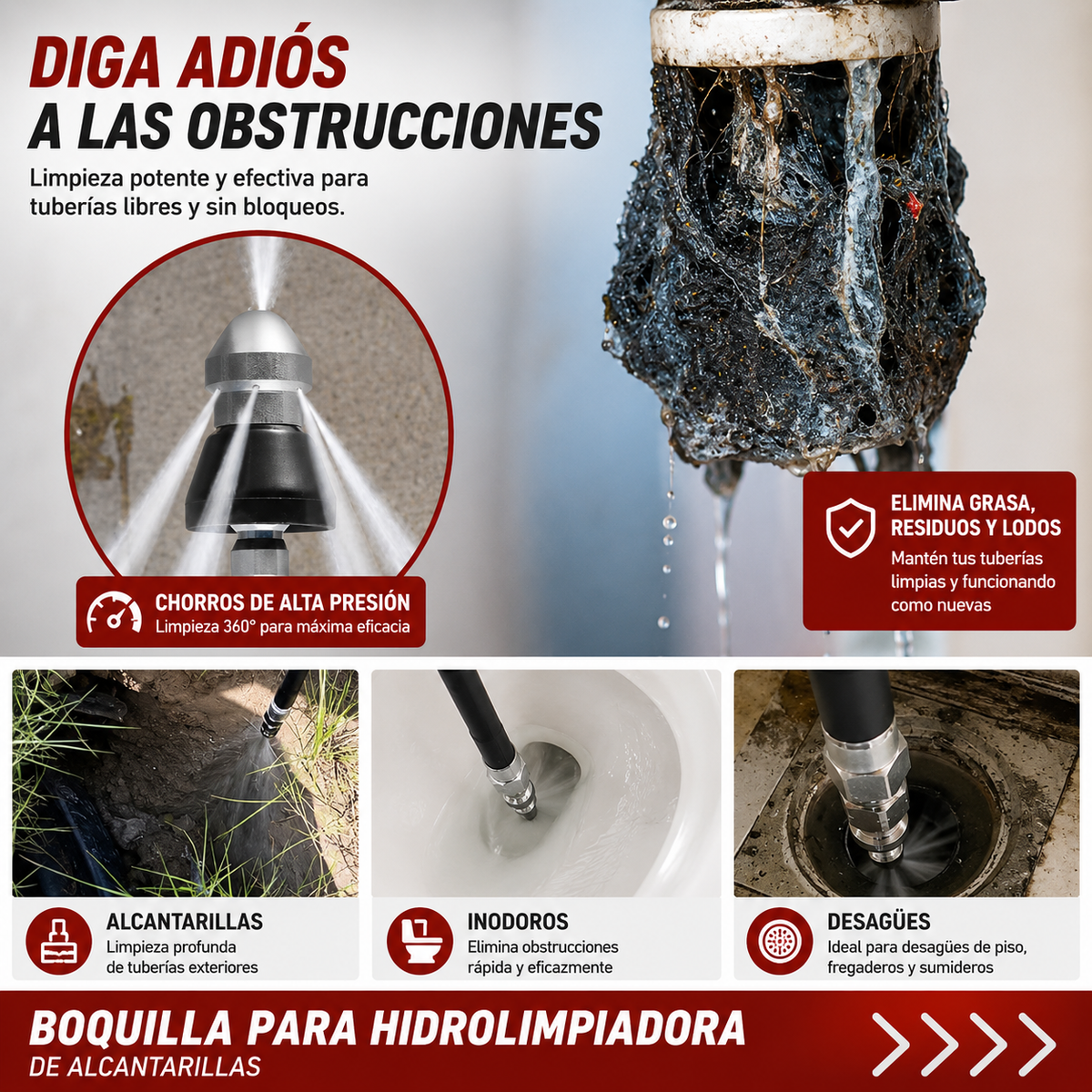 Boquilla Desatascadora para Tuberías Limpieza de Desagües con 7 Chorros  Conector Rápido 1/4" | Acero Inoxidable